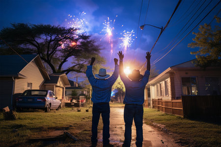Two men holding sparklers in their hands, standing on the road.の素材