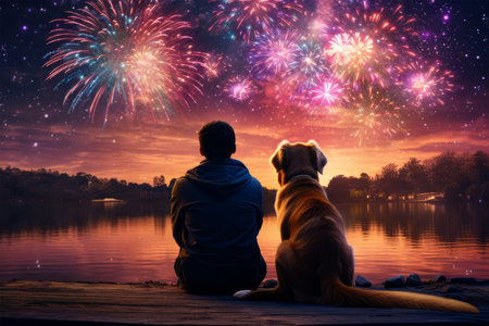 Man and dog watching fireworks on the background of the river at sunsetの素材