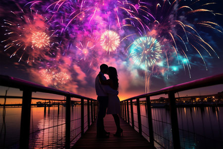 Silhouette of romantic couple looking at fireworks on the sky background.の素材