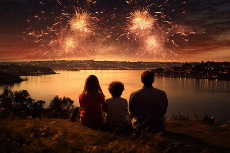 Happy family watching fireworks on the lake. New Year celebration concept.の素材