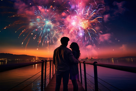 Silhouette of a loving couple on the pier with fireworks in the backgroundの素材