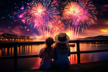 two little girls watching fireworks on the lake at night, back viewの素材