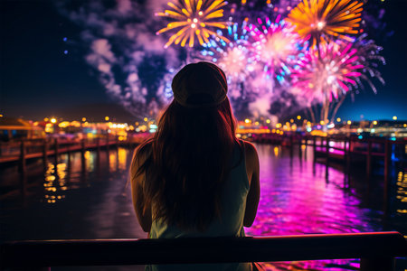 Girl looks at fireworks in the city at night. New Year's Eve.の素材