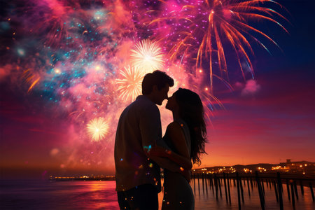 Silhouette of a romantic couple on the background of the sea and fireworksの素材