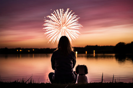 Silhouette of mother and daughter sitting on grass and watching fireworksの素材