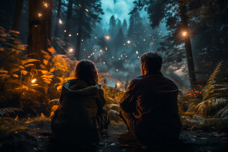 Man and woman sitting in the rainforest, looking at the firework.の素材