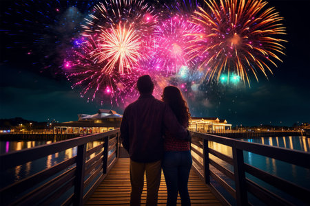 Couple watching fireworks on the pier at night. Love concept.の素材