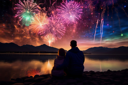 Happy couple watching fireworks on the lake at night. Love and travel conceptの素材