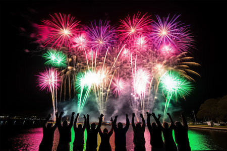Colorful fireworks display for celebration happy new year 2016 on the riverの素材