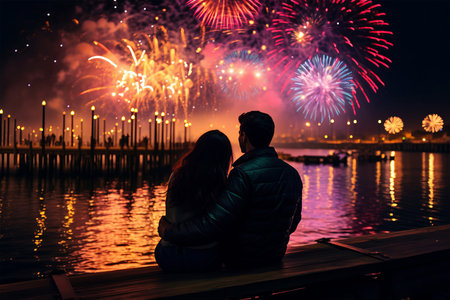 Silhouette of a couple sitting on a pier and watching fireworksの素材