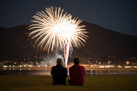 Couple watching fireworks on the beach at night. Back view.の素材
