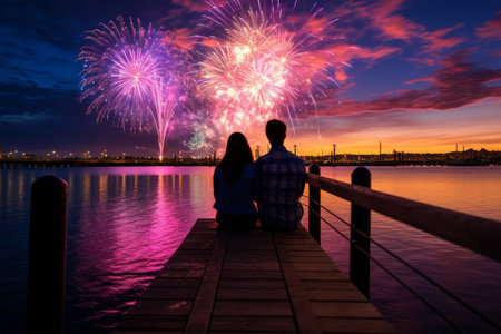 Romantic couple sitting on a pier and looking at the fireworks.の素材
