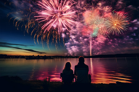 Silhouette of couple watching fireworks on the lake at night.の素材