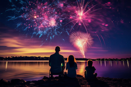Silhouette of a family with fireworks on the background of the lakeの素材