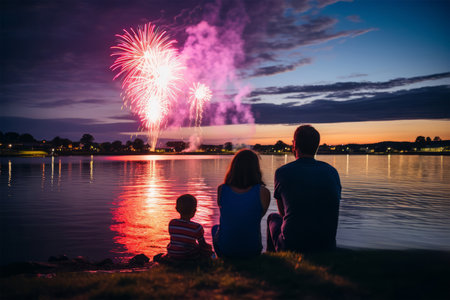 Happy family watching fireworks at sunset on the bank of the lake.の素材
