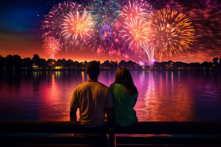 Happy couple watching fireworks at the lake in the evening. Love conceptの素材