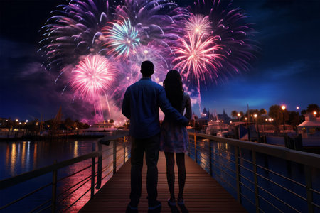 Couple watching fireworks on the pier at night in Budapest, Hungaryの素材