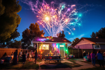 Beautiful fireworks and firework show at night in the garden.の素材