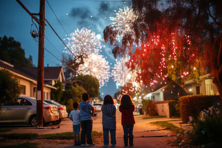 Group of kids watching fireworks in the city at night. Selective focus.の素材