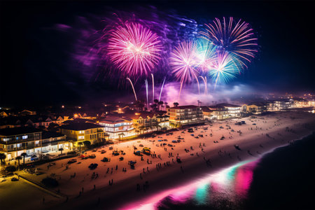 Colorful fireworks over the beach at night in Pattaya, Thailandの素材