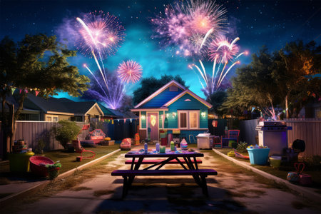 Colorful fireworks in the night sky above the garden with a benchの素材