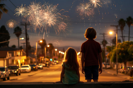 Two little children, boy and girl, watching fireworks on the streetの素材