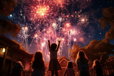 Silhouettes of children and fireworks on the background of the houseの素材