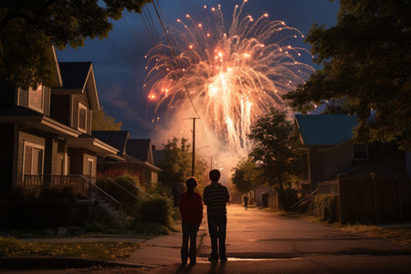 Silhouette of a man and woman looking at fireworks in the nightの素材