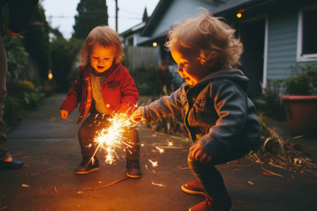 4th of July Fireworks - Two cute little children, boy and girl, playing with sparklersの素材