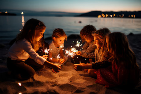 Group of happy children playing with sparklers on the beach at sunsetの素材