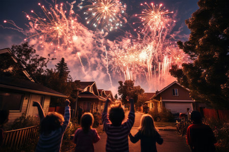 Group of children watching fireworks in front of their house. Selective focus.の素材