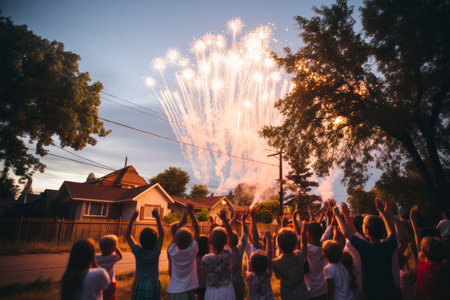 Group of happy kids having fun and jumping with firework in summerの素材