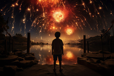Little boy watching fireworks on the lake at night. New year conceptの素材