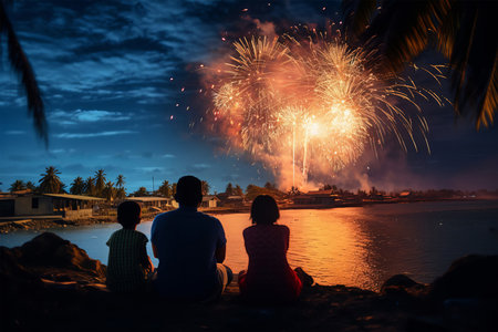 Silhouette of a family watching fireworks in the evening sky.の素材