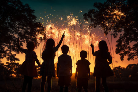 4th of July Fireworks - Silhouette of children holding firework in the park at sunsetの素材