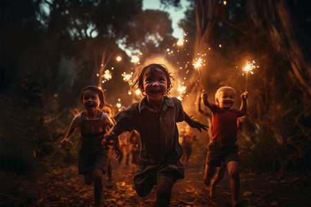 4th of July Fireworks - Group of happy kids playing with sparklers in the forest at nightの素材