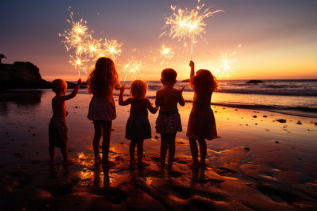 Group of happy kids playing with sparklers on the beach at sunsetの素材