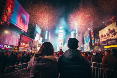 Unidentified people watching the fireworks display at Times Square in New York City. Times Square is a major tourist attraction in Manhattanの素材