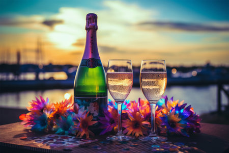 Two glasses of champagne on the table in front of a sunset.の素材