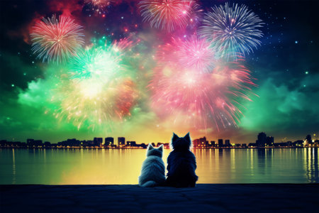 Two cats sitting on the beach and looking at fireworks in the skyの素材