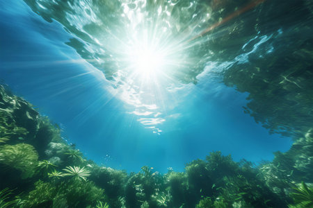 Underwater view of tropical sea with sunbeams and palm treesの素材