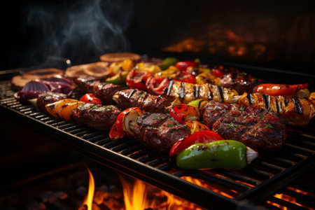 Barbecue with delicious grilled meat and vegetables on grill, closeupの素材