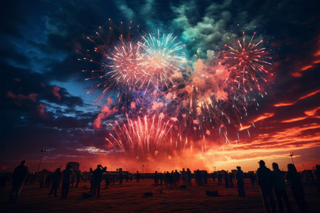 Colorful fireworks on the background of the night sky and silhouettes of peopleの素材