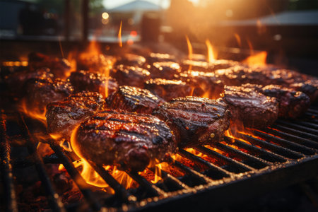 Grilled beef steaks on barbecue grill with flames and smoke.の素材
