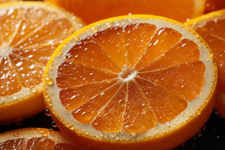 slices of fresh orange on a black background close-upの素材