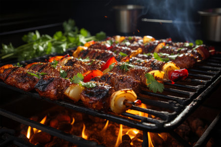 Shish kebab on the grill with flames, closeupの素材