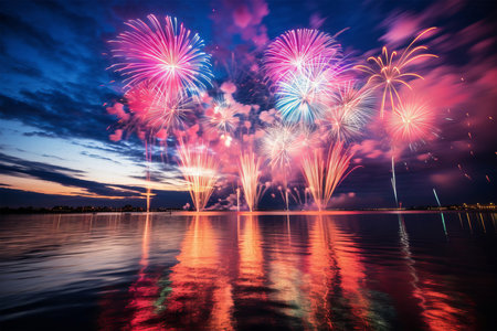 Colorful fireworks of various colors over the sea and sky at nightの素材