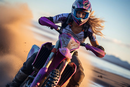 Motocross rider on the sand at sunset. Extreme sport.の素材