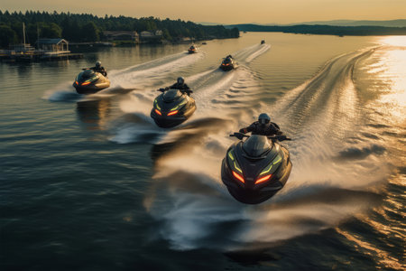 Boat trip on the lake in the summer. Speedboat rides on the water.の素材