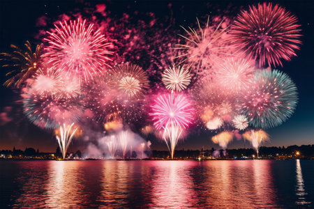 Colorful fireworks of various colors over the lake and cityscape backgroundの素材